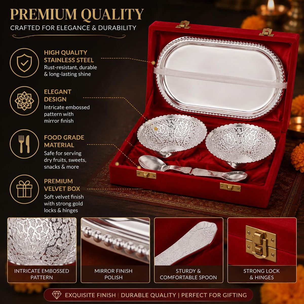 Silver-Plated Tray, Bowl & Spoon Serving Set