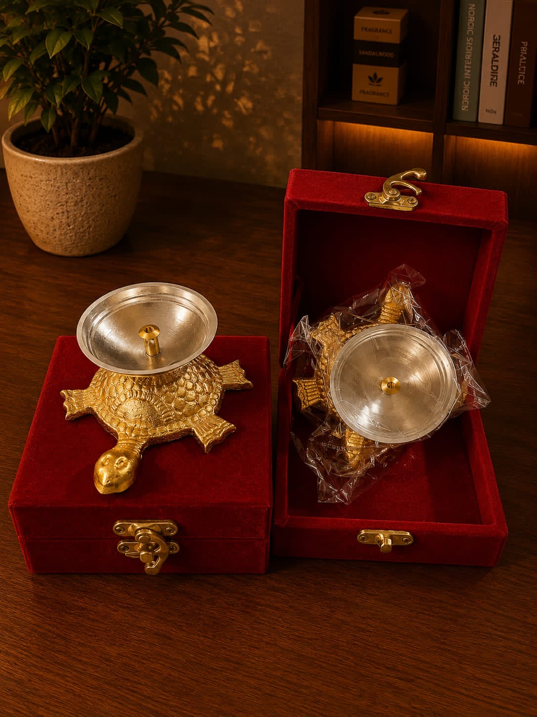 Brass Tortoise Diya, full view