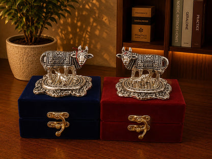 Silver-Plated Kamdhenu Cow & Calf Idol