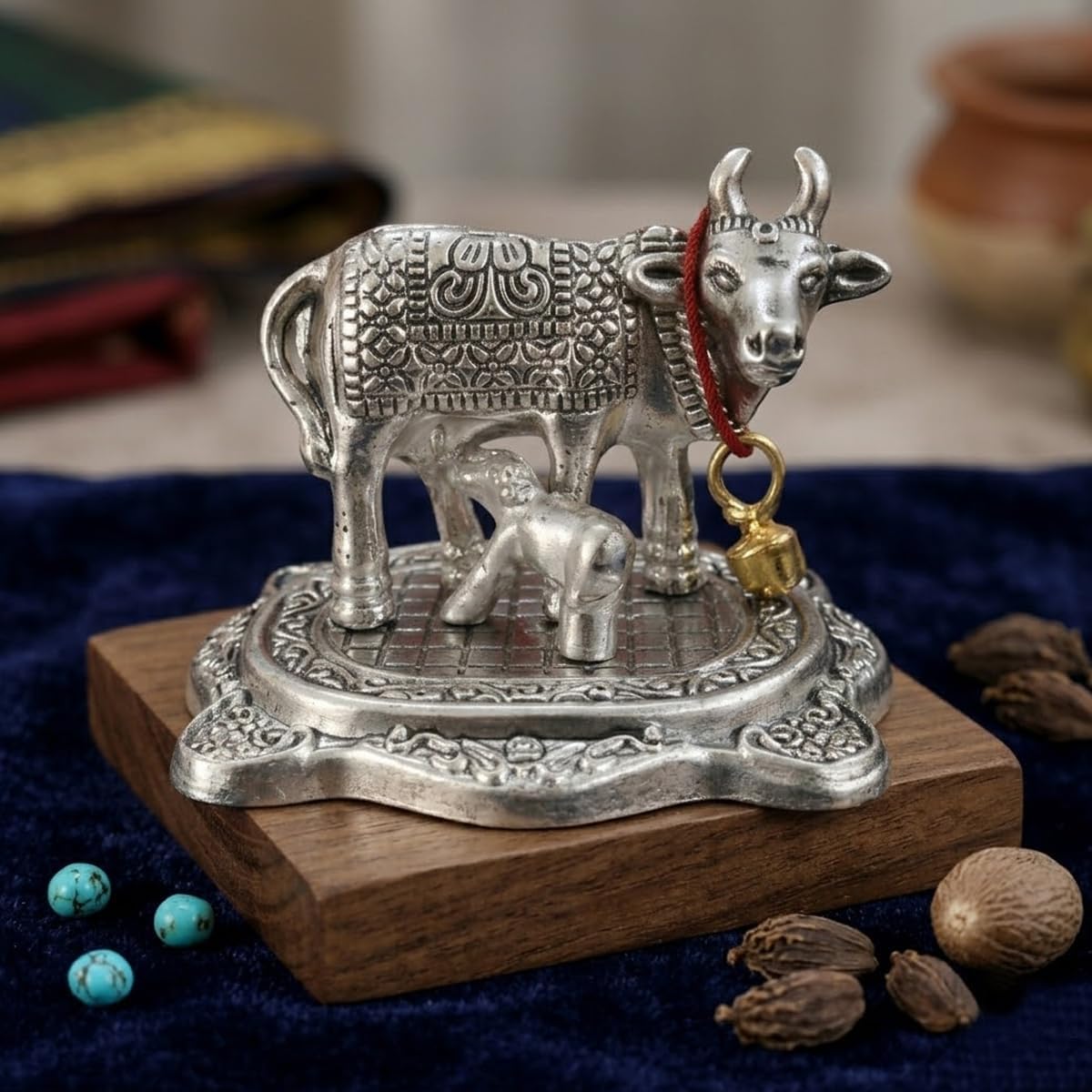 Silver-Plated Kamdhenu Cow & Calf Idol, single piece
