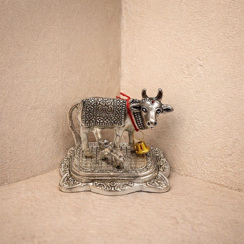Silver-Plated Kamdhenu Cow & Calf Idol, detail