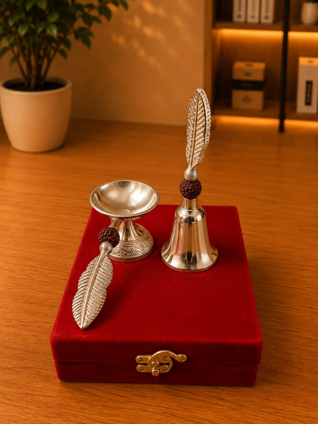 Silver-Plated Pooja Bell & Diya Set with Rudraksha, full view