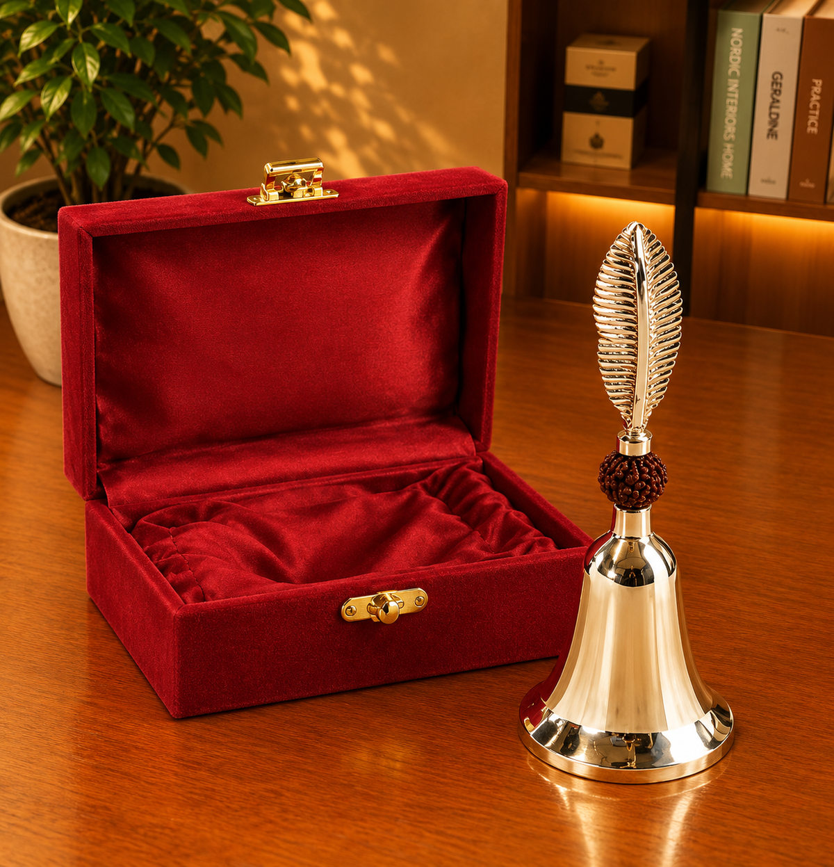 Silver-Plated Pooja Bell & Feather Gift Set, full view