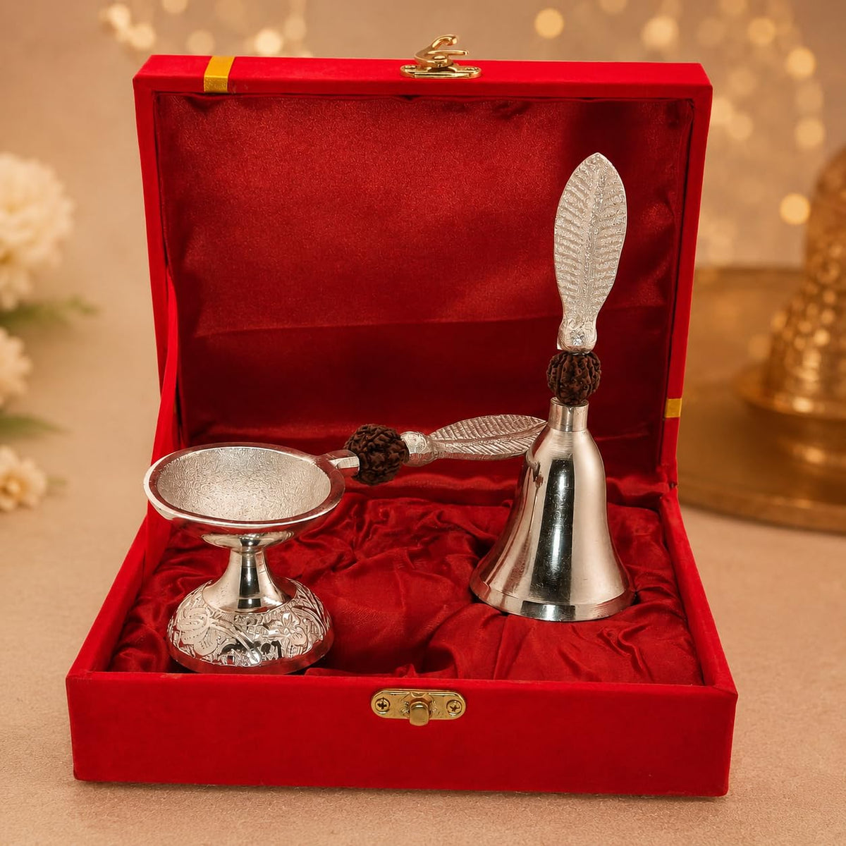 Silver-Plated Pooja Bell & Diya Set with Rudraksha