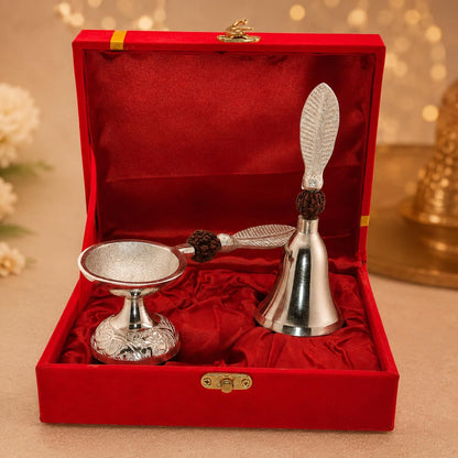 Silver-Plated Pooja Bell & Diya Set with Rudraksha