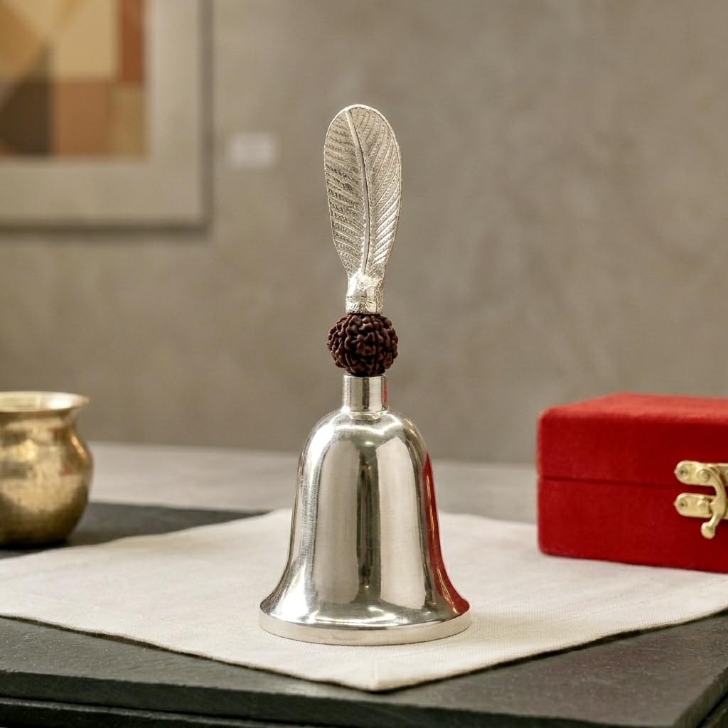 Silver-Plated Pooja Bell & Feather Gift Set — single bell with feather-shaped top