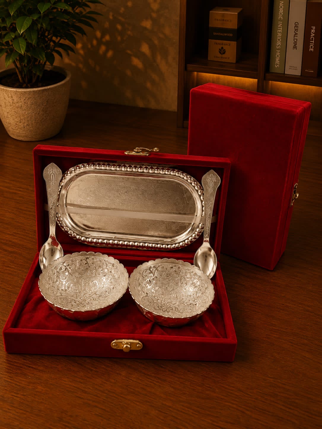 Silver-Plated Tray, Bowl & Spoon Serving Set