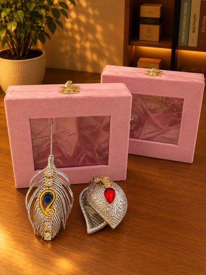 Silver-Plated Shankh & Peacock Feather Brooch Set, full view