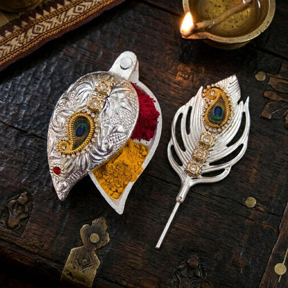Silver-Plated Shankh & Peacock Feather Brooch Set