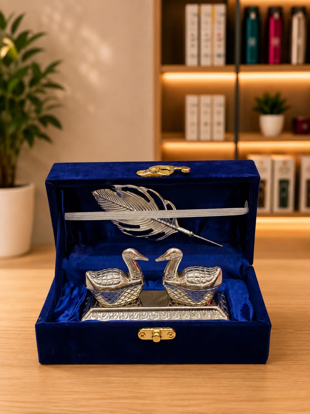 Silver-Plated Swan Pair Kumkum Holder & Feather Set, full view