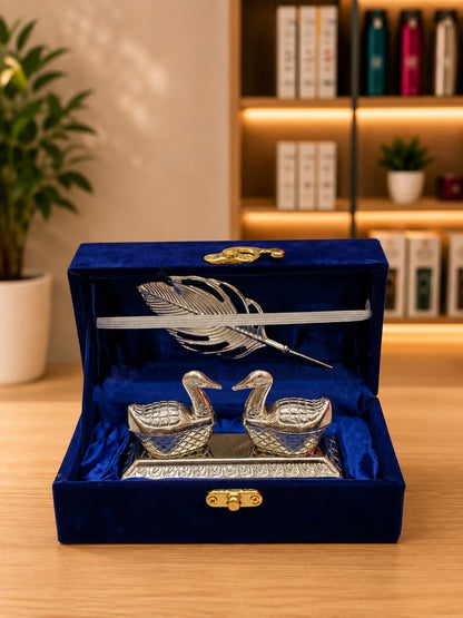 Silver-Plated Swan Pair Kumkum Holder & Feather Set, full view