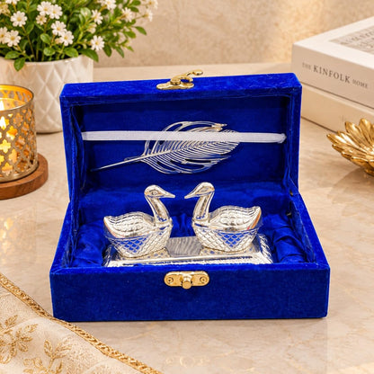 Silver-Plated Swan Pair Kumkum Holder & Feather Set