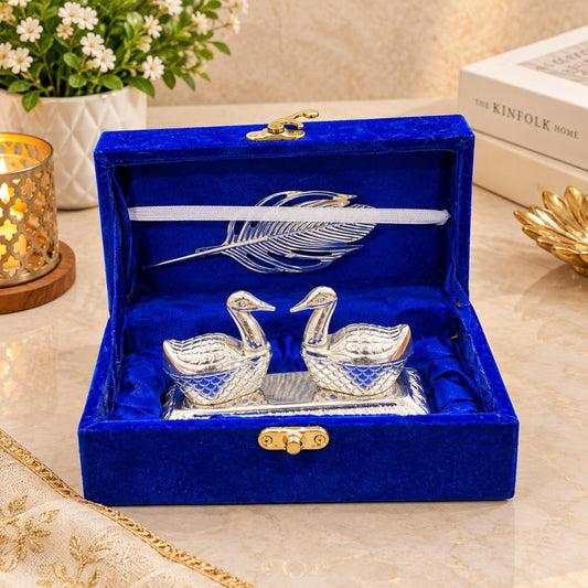 Silver-Plated Swan Pair Kumkum Holder & Feather Set