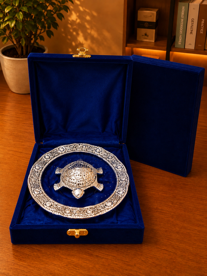 Silver-Plated Vastu Tortoise with Decorative Plate, full view