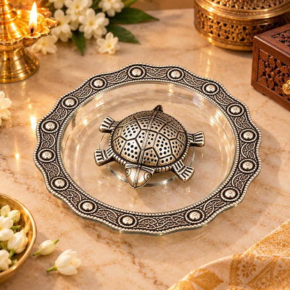 Silver-Plated Vastu Tortoise with Decorative Plate