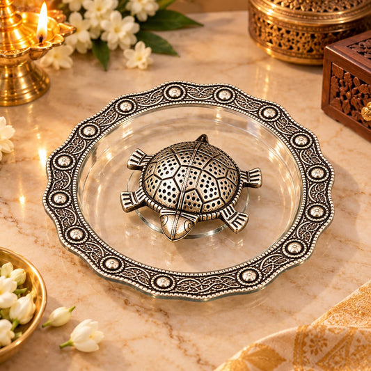 Silver-Plated Vastu Tortoise with Decorative Plate