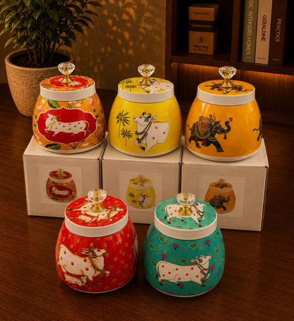 Pichwai Art Ceramic Storage Jar, single jar